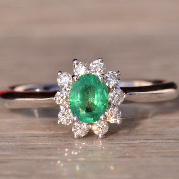 Natural Emerald and Diamond Halo Ring in White Gold